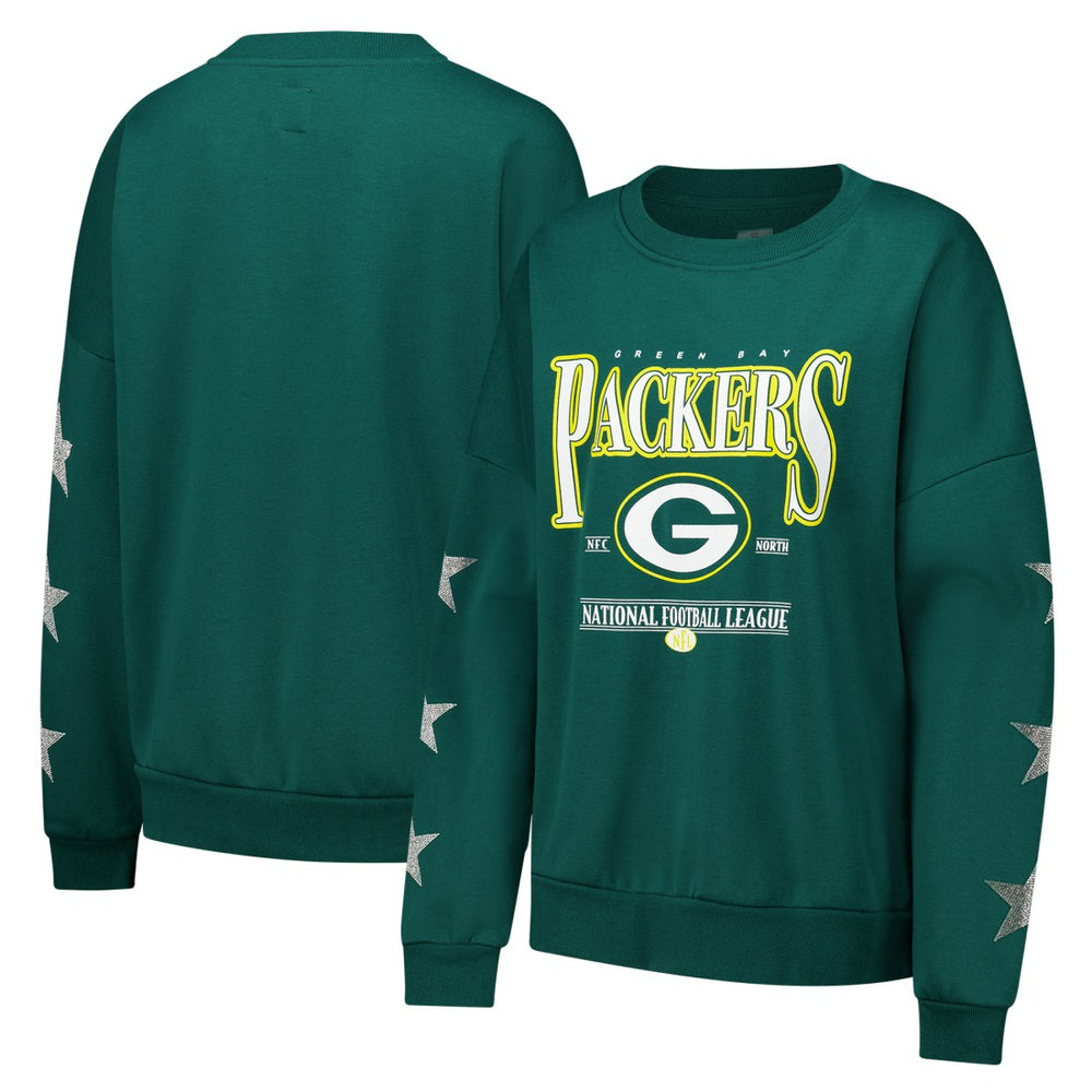 Green Bay Packers Gameday Couture Women's Rhinestone Star Sleeve Settle the Score Oversized Pullover Sweatshirt - Green - NFL