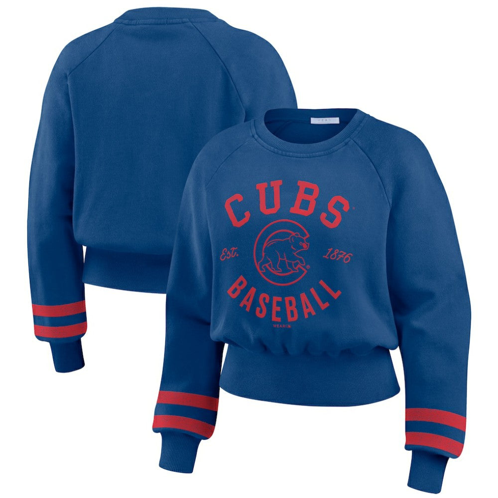 Chicago Cubs WEAR by Erin Andrews Women's Vintage Washed Cropped Pullover Sweatshirt for sale