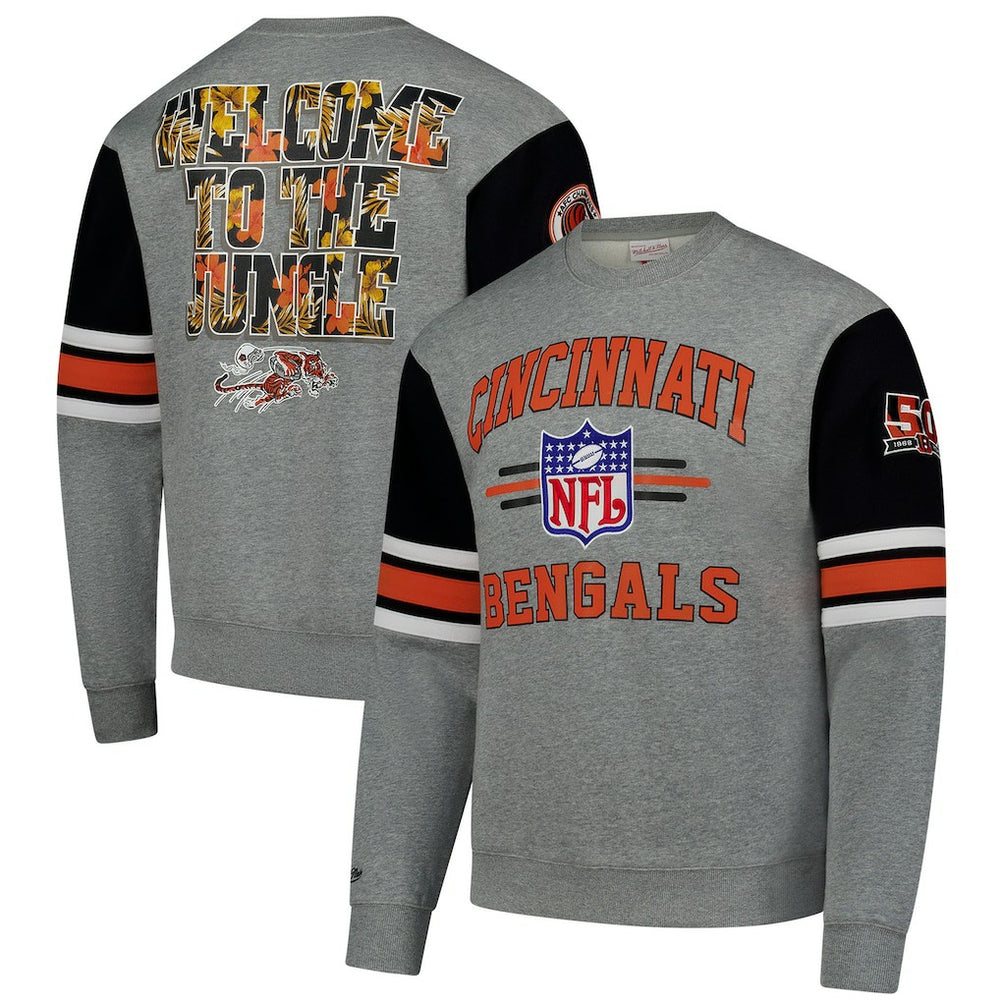 Cincinnati Bengals All Over 4.0 Vintage Logo Pullover Sweatshirt - Heather Gray - Mitchell & Ness