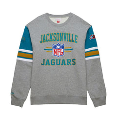Jacksonville Jaguars All Over 4.0 Vintage Logo Pullover Sweatshirt - Heather Gray - Mitchell & Ness
