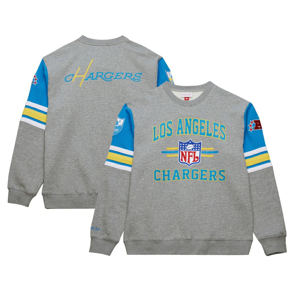 Los Angeles Chargers All Over 4.0 Vintage Logo Pullover Sweatshirt - Heather Gray - Mitchell & Ness