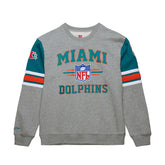 Miami Dolphins All Over 4.0 Vintage Logo Pullover Sweatshirt - Heather Gray - Mitchell & Ness