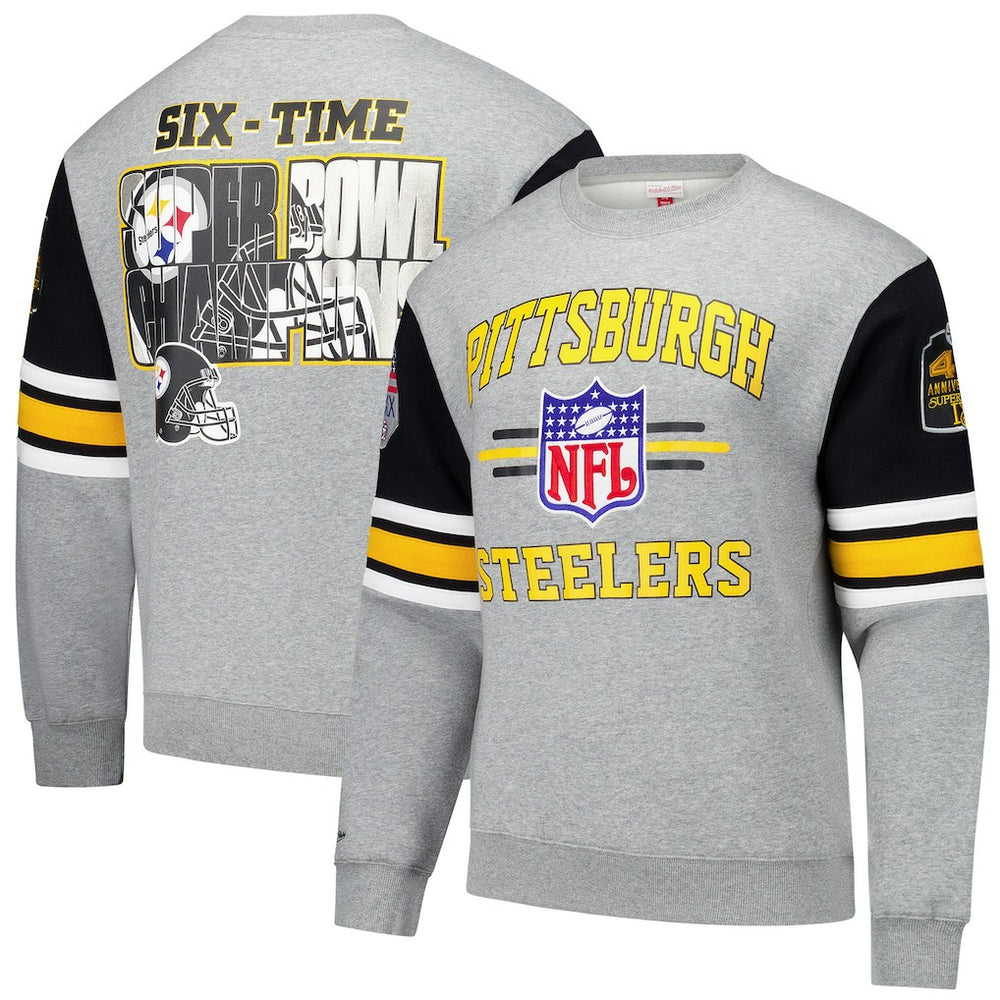 Pittsburgh Steelers All Over 4.0 Vintage Logo Pullover Sweatshirt - Heather Gray - Mitchell & Ness