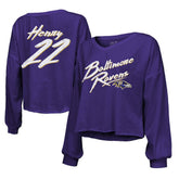 Derrick Henry Baltimore Ravens Majestic Threads Women's Name & Number Off-Shoulder Script Cropped Long Sleeve Relaxed V-Neck T-Shirt - Purple - NFL