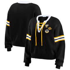 Pittsburgh Penguins WEAR by Erin Andrews Women's Cropped Lace-Up Sweater - Black | NHL Lifestyle