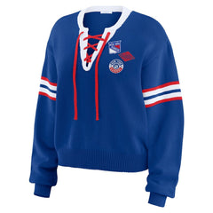 New York Rangers WEAR by Erin Andrews Women's Cropped Lace-Up Sweater - Blue | NHL near me