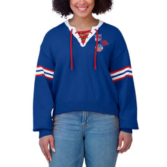 New York Rangers WEAR by Erin Andrews Women's Cropped Lace-Up Sweater - Blue | NHL near me