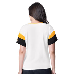 Boston Bruins G-III 4Her by Carl Banks Women's Rink Oversized Rhinestone V-Neck T-Shirt - White | NHL Lifestyle