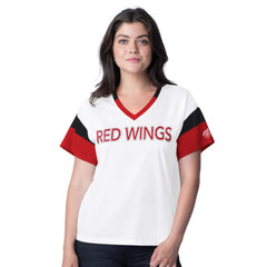 Detroit Red Wings G-III 4Her by Carl Banks Women's Rink Oversized Rhinestone V-Neck T-Shirt - White | NHL Lifestyle