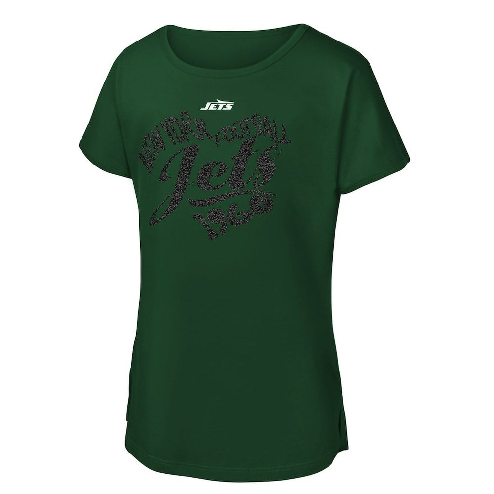 New York Jets Girls Youth Script Heart Dolman T-Shirt - Green - NFL