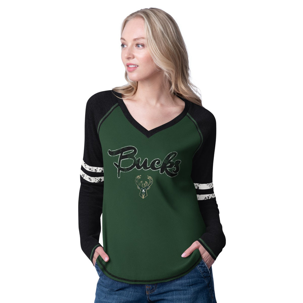 Milwaukee Bucks G-III 4Her by Carl Banks Women's Winner Waffle Knit Thermal Long Sleeve Tri-Blend T-Shirt Hunter Green/Cream