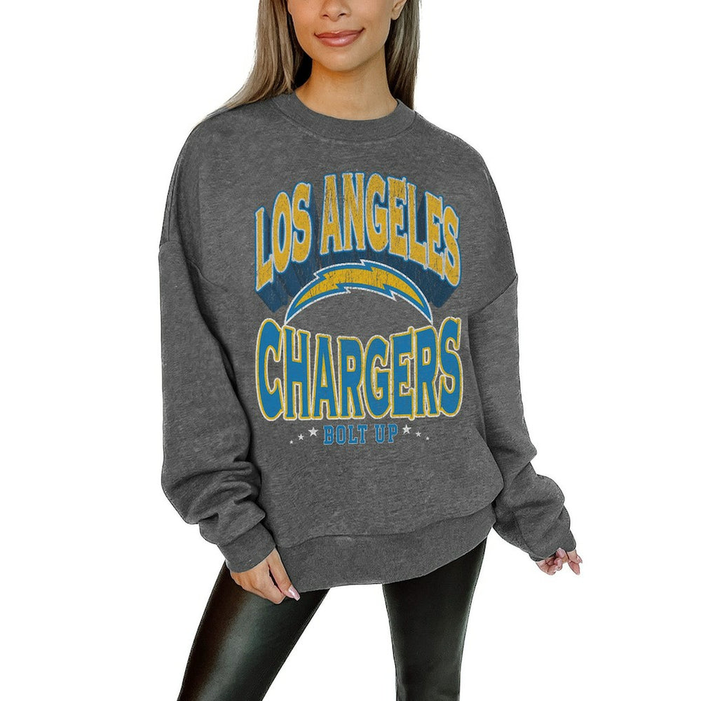Los Angeles Chargers Gameday Couture Women's Oversized Long Weekend Premium Fleece Drop Shoulder Pullover Sweatshirt - Charcoal - NFL