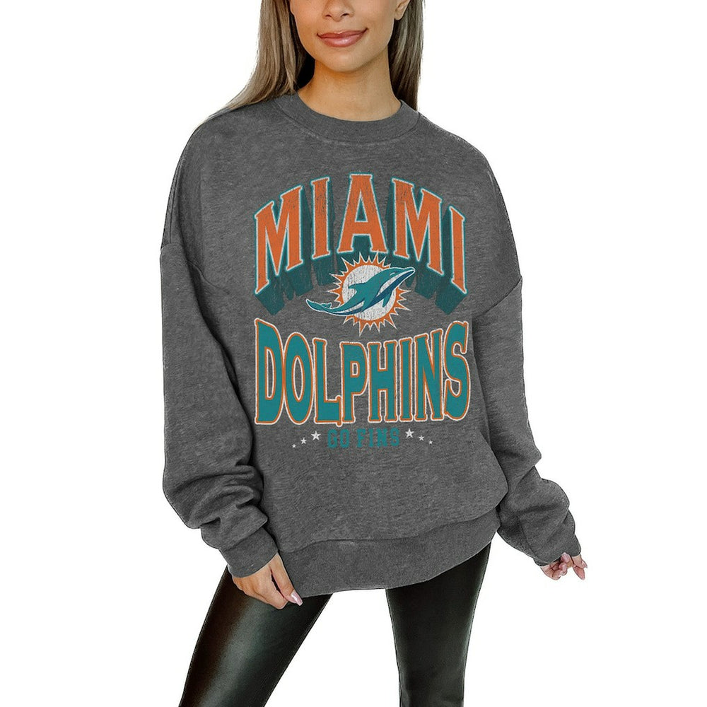 Miami Dolphins Gameday Couture Women's Oversized Long Weekend Premium Fleece Drop Shoulder Pullover Sweatshirt - Charcoal - NFL