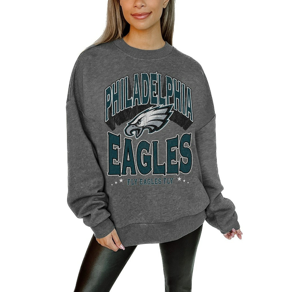 Philadelphia Eagles Gameday Couture Women's Oversized Long Weekend Premium Fleece Drop Shoulder Pullover Sweatshirt - Charcoal - NFL