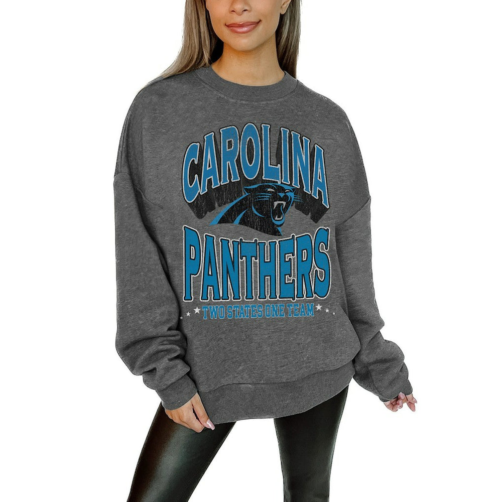 Carolina Panthers Gameday Couture Women's Oversized Long Weekend Premium Fleece Drop Shoulder Pullover Sweatshirt - Charcoal - NFL