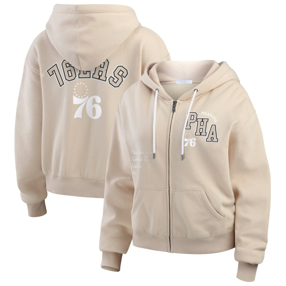 Philadelphia 76ers WEAR by Erin Andrews Women's Tonal Felt Patch Full-Zip Hoodie Tan