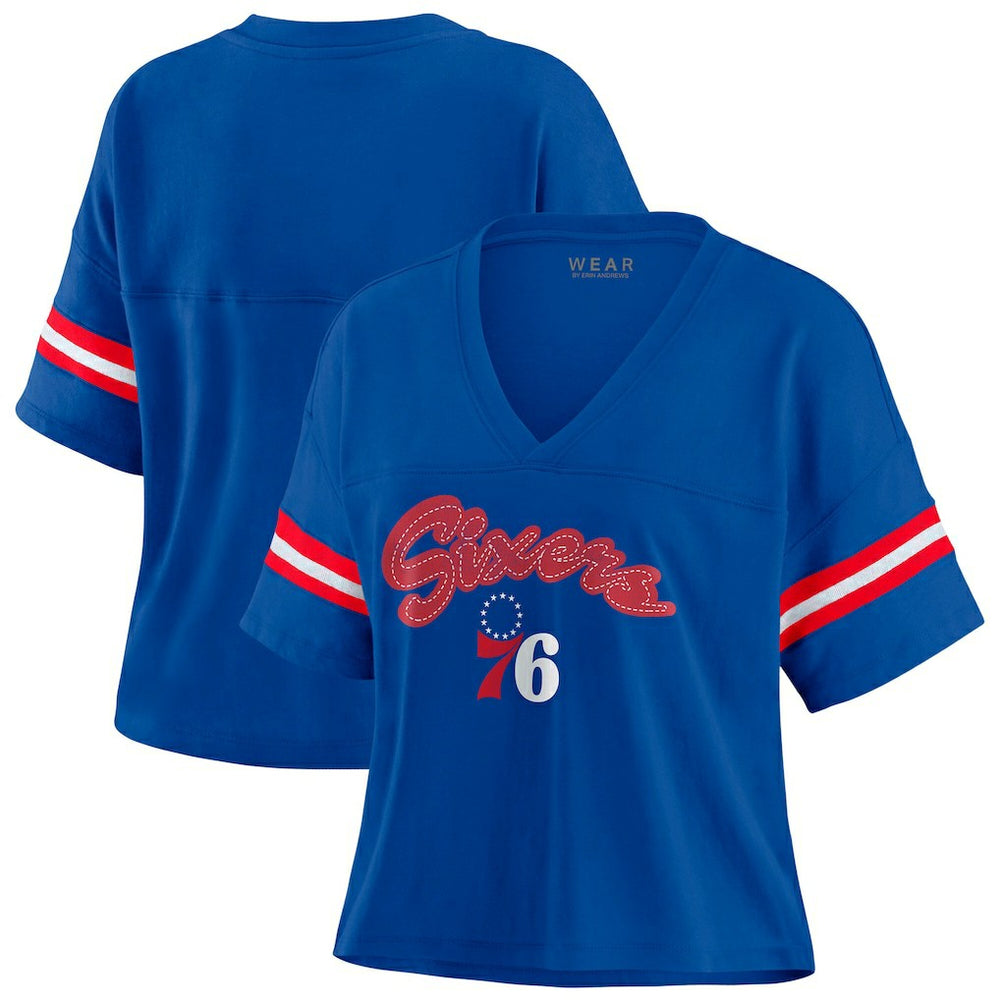 Philadelphia 76ers WEAR by Erin Andrews Women's Color Block Boxy V-Neck T-Shirt Royal