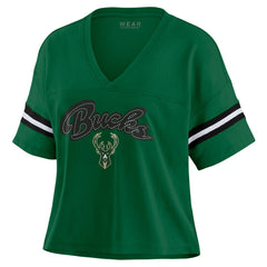 Milwaukee Bucks WEAR by Erin Andrews Women's Color Block Boxy V-Neck T-Shirt Hunter Green