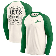 New York Jets Darius Rucker Collection Raglan Henley Long Sleeve T-Shirt - Cream/Green - Fanatics