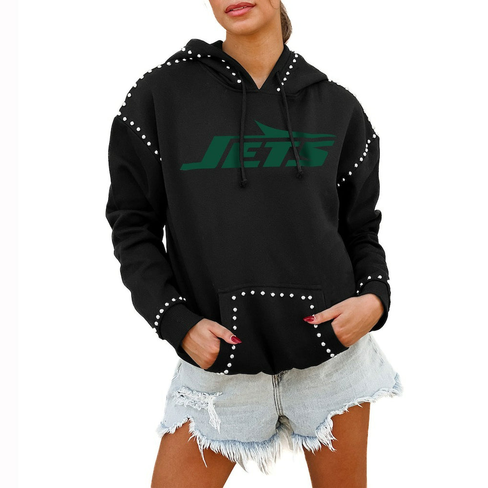 New York Jets Gameday Couture Women's Oversized Catch the Vibe Studded Pullover Hoodie - Black - NFL