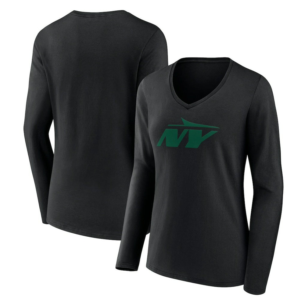 New York Jets Women's Secondary Logo Long Sleeve V-Neck T-Shirt - Black - NFL