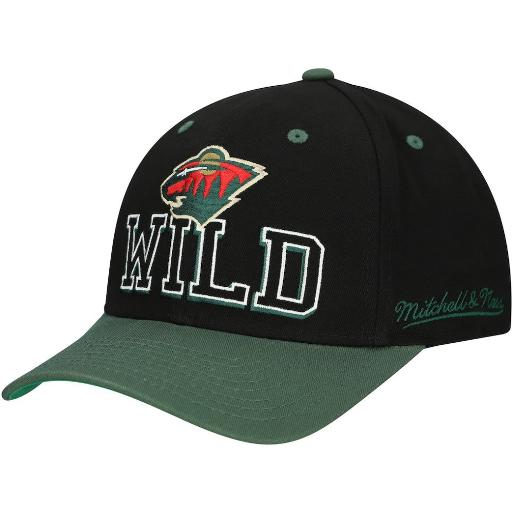 Minnesota Wild Mitchell & Ness Backside Script 2-Tone Pro Crown Adjustable Hat - Black/Green | NHL Lifestyle