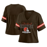 Cleveland Browns WEAR by Erin Andrews Women's Color Block Boxy Modest Crop V-Neck T-Shirt - Brown - NFL