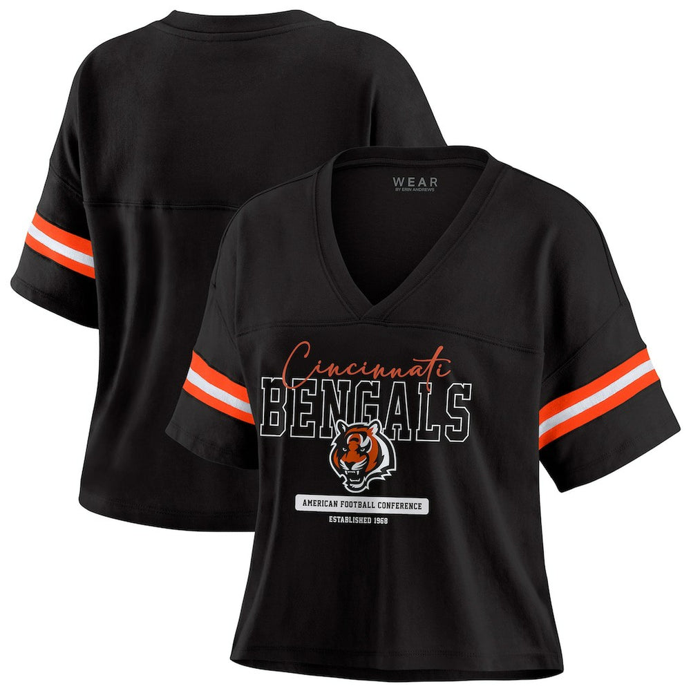 Cincinnati Bengals WEAR by Erin Andrews Women's Color Block Boxy Modest Crop V-Neck T-Shirt - Black - NFL