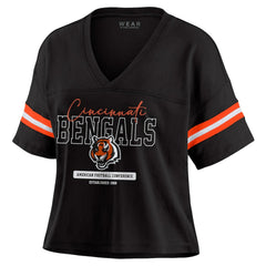 Cincinnati Bengals WEAR by Erin Andrews Women's Color Block Boxy Modest Crop V-Neck T-Shirt - Black - NFL