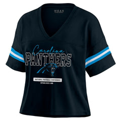 Carolina Panthers WEAR by Erin Andrews Women's Color Block Boxy Modest Crop V-Neck T-Shirt - Black - NFL