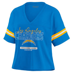 Los Angeles Chargers WEAR by Erin Andrews Women's Color Block Boxy Modest Crop V-Neck T-Shirt - Powder Blue - NFL