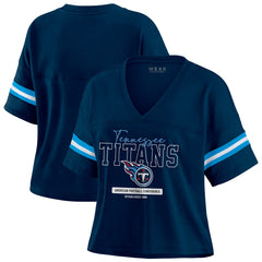 Tennessee Titans WEAR by Erin Andrews Women's Color Block Boxy Modest Crop V-Neck T-Shirt - Navy - NFL