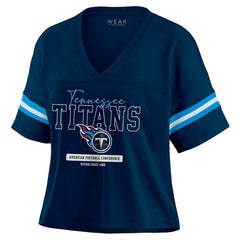 Tennessee Titans WEAR by Erin Andrews Women's Color Block Boxy Modest Crop V-Neck T-Shirt - Navy - NFL