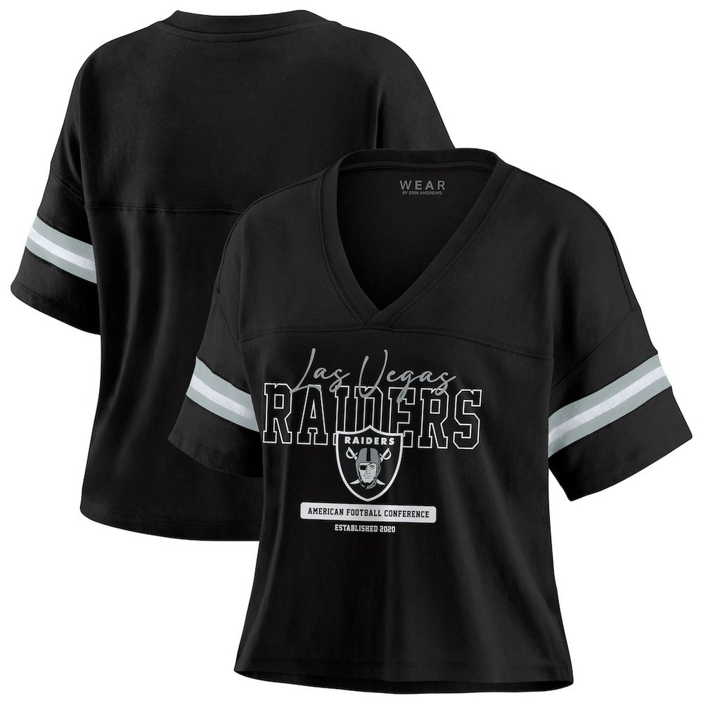 Las Vegas Raiders WEAR by Erin Andrews Women's Color Block Boxy Modest Crop V-Neck T-Shirt - Black - NFL