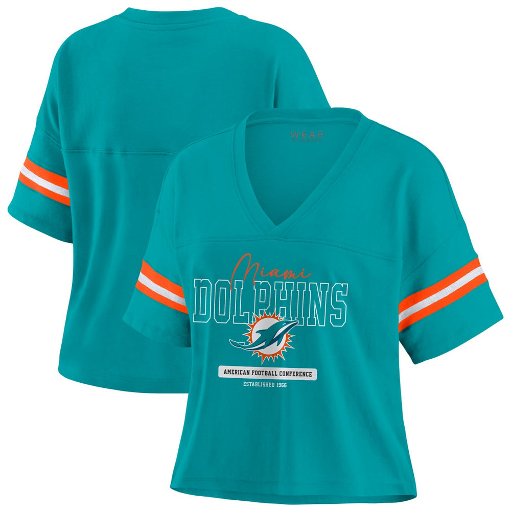 Miami Dolphins WEAR by Erin Andrews Women's Color Block Boxy Modest Crop V-Neck T-Shirt - Aqua - NFL