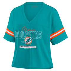 Miami Dolphins WEAR by Erin Andrews Women's Color Block Boxy Modest Crop V-Neck T-Shirt - Aqua - NFL