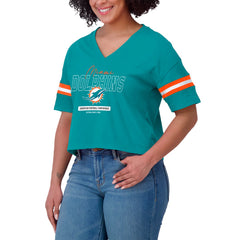 Miami Dolphins WEAR by Erin Andrews Women's Color Block Boxy Modest Crop V-Neck T-Shirt - Aqua - NFL