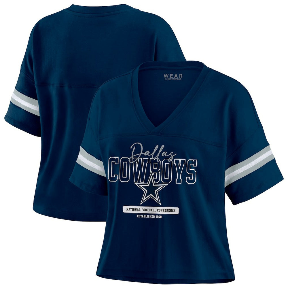 Dallas Cowboys WEAR by Erin Andrews Women's Color Block Boxy Modest Crop V-Neck T-Shirt - Navy - NFL