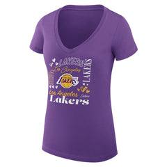 Los Angeles Lakers G-III 4Her by Carl Banks Women's Super-Slim Fit Lightweight Team Name Collage Graphic V-Neck T-Shirt Purple
