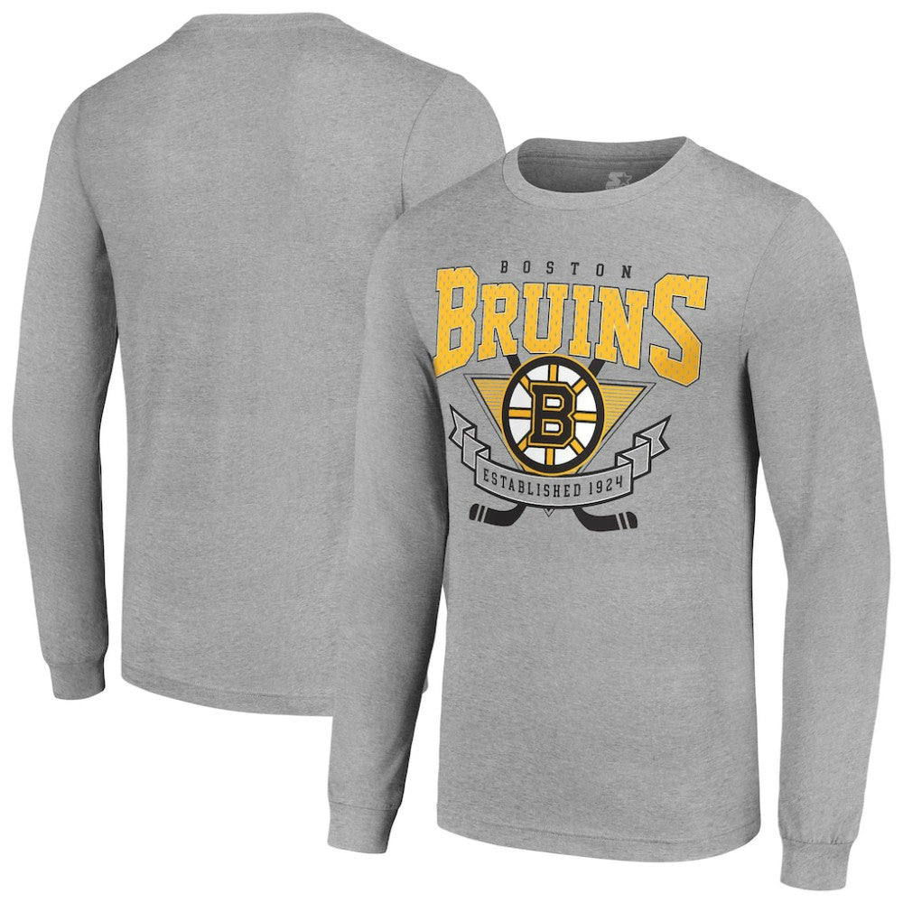 Boston Bruins Starter '80s Inspired Team Logo Long Sleeve T-Shirt - Heather Gray | NHL Lifestyle
