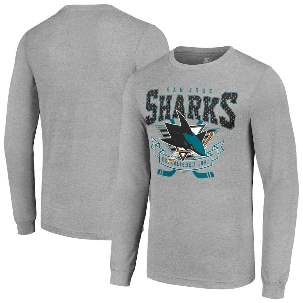 San Jose Sharks Starter '80s Inspired Team Logo Long Sleeve T-Shirt - Heather Gray | NHL Clearance