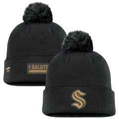 Seattle Kraken Fanatics Military Appreciation Cuffed Knit Hat with Pom - Black | Fanatics Lifestyle