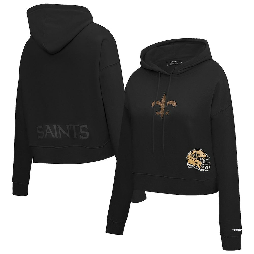 New Orleans Saints Pro Standard Women's Jeweled Cropped Pullover Hoodie - Black - NFL