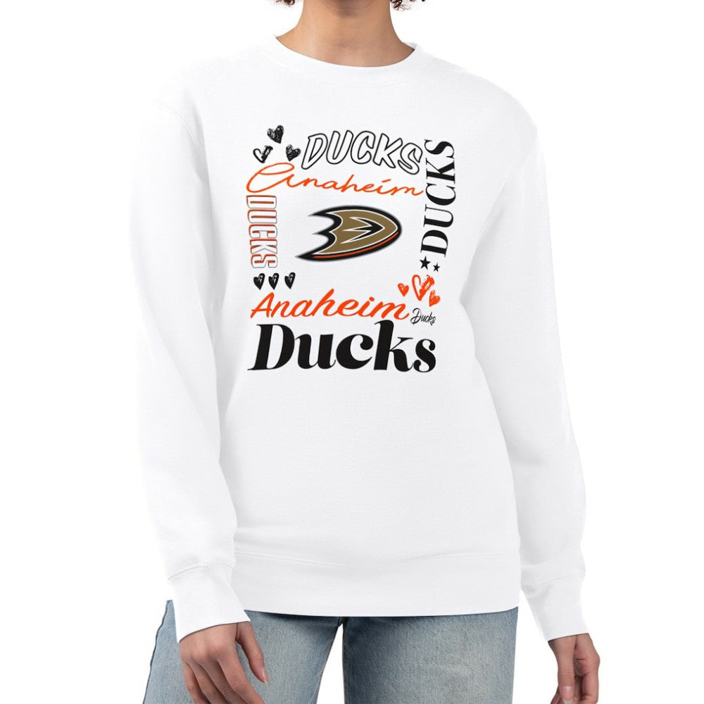 Anaheim Ducks G-III 4Her by Carl Banks Women's Collage Graphic Fleece Long Sleeve Pullover Sweatshirt - White | NHL on sale