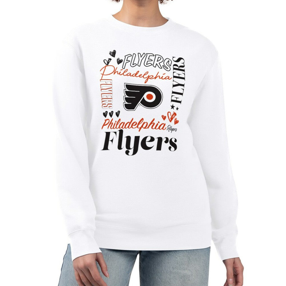 Philadelphia Flyers G-III 4Her by Carl Banks Women's Collage Graphic Fleece Long Sleeve Pullover Sweatshirt - White | NHL Clearance