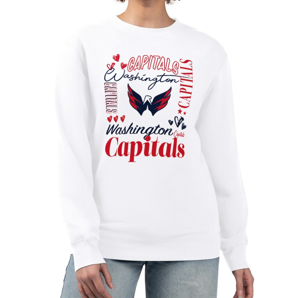Washington Capitals G-III 4Her by Carl Banks Women's Collage Graphic Fleece Long Sleeve Pullover Sweatshirt - White | NHL Lifestyle