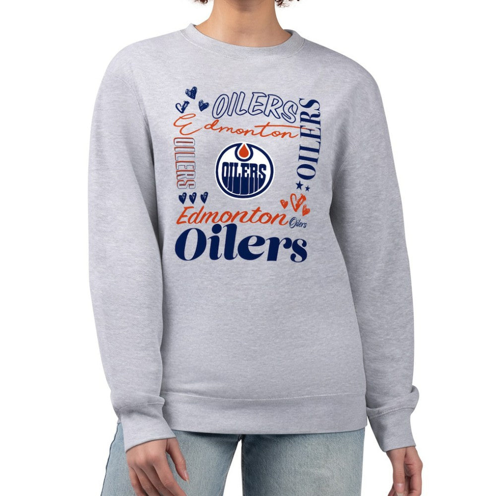 Edmonton Oilers G-III 4Her by Carl Banks Women's Collage Graphic Fleece Long Sleeve Pullover Sweatshirt - Heather Gray | NHL near me