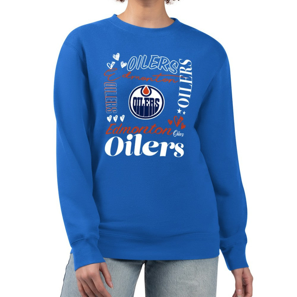 Edmonton Oilers G-III 4Her by Carl Banks Women's Collage Graphic Fleece Long Sleeve Pullover Sweatshirt - Royal | NHL online