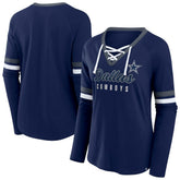 Dallas Cowboys Women's Plus Size Won & Done Lace-Up V-Neck Long Sleeve T-Shirt - Navy - Fanatics