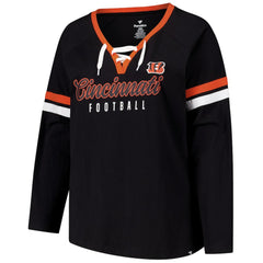 Cincinnati Bengals Women's Plus Size Won & Done Lace-Up V-Neck Long Sleeve T-Shirt - Black - Fanatics